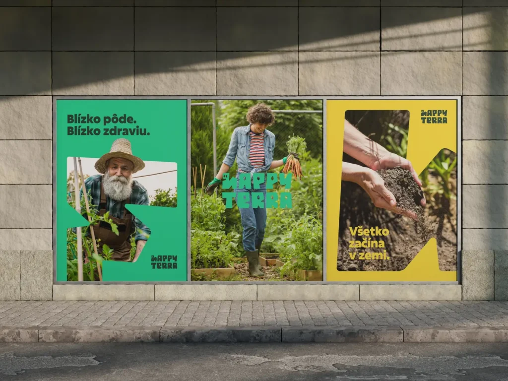 Trojica farebných plagátov Happy Terra s fotografiami záhradkárov a pozitívnymi claimami