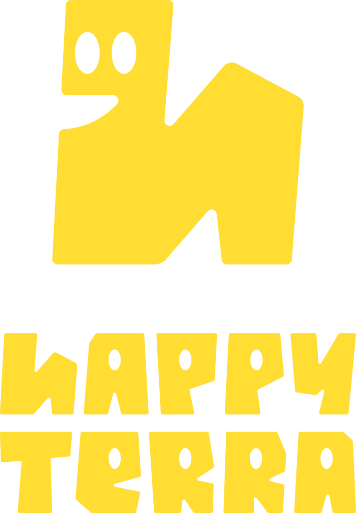 Žltý variant loga Happy Terra s usmiatym maskotom dážďovky a hravou typografiou