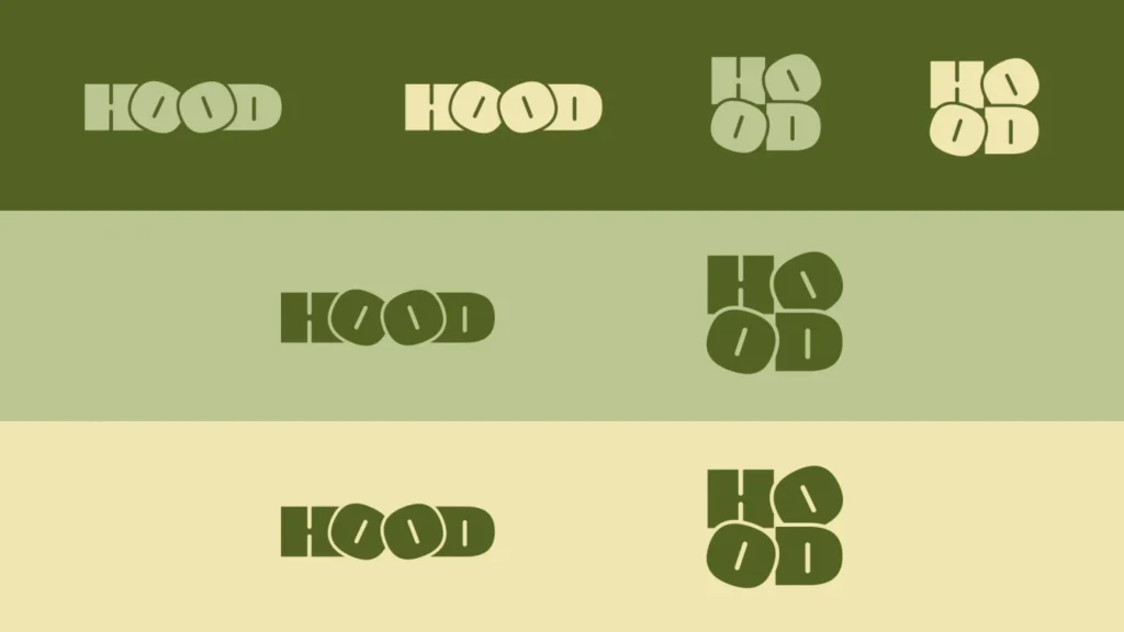 Farebné variácie loga HOOD v matcha zelenej a vanilla creme palete vizuálnej identity bistra