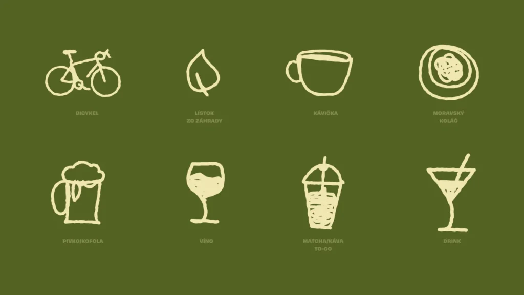 Set ôsmich ilustrácií HOOD v tenkej roztrasenej linke: bicykel, lístok zo záhrady, kávička, moravský koláč, pivo, víno, matcha to-go a drink
