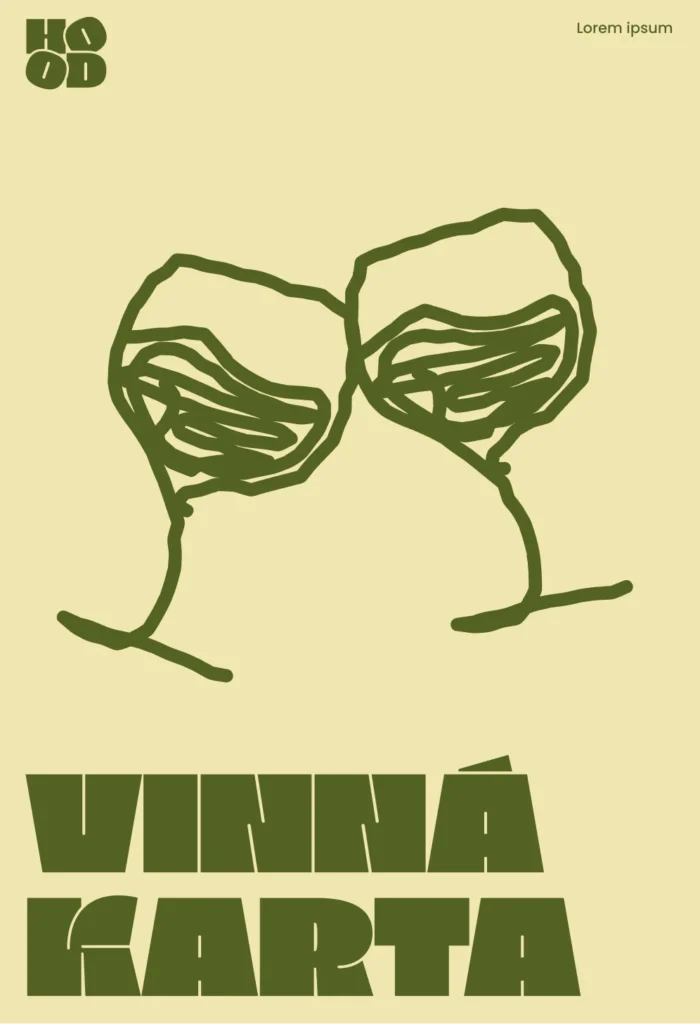 Obálka vinnej karty HOOD s ilustráciou dvoch štrngajúcich si pohárov vína na vanilla creme pozadí
