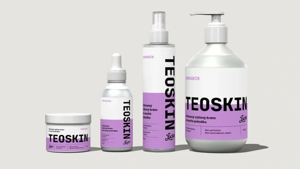 Produktový rad TEOSKIN MAMASKIN v pastelovo fialovej — kelímok, sérum, sprej a pumpička