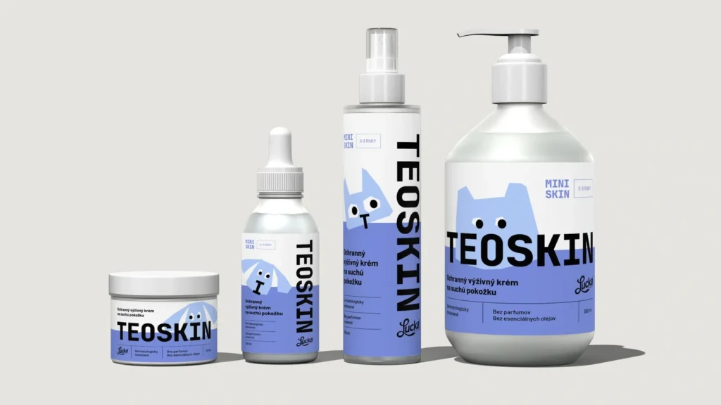 Produktový rad TEOSKIN MINISKIN v pastelovo modrej — kelímok, sérum, sprej a pumpička